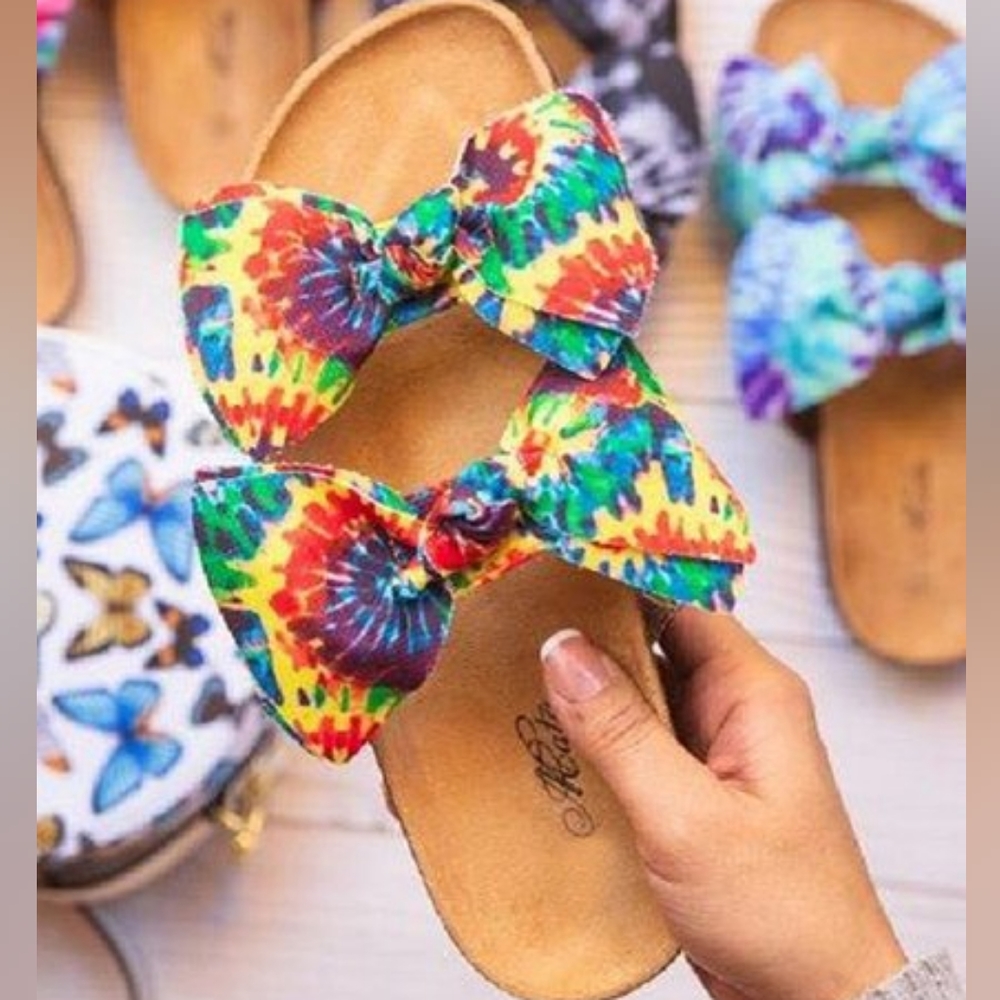 💦MATA Boardwalk👣16 Green/Yellow Double Bow Tie Died Sandals - Picture 2 of 10